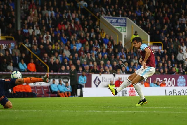 BURNLEY, ENGLAND - AUGUST 16:  Jack Cork of Burnley scores during the UEFA Europa League third round qualifier  second leg between Burnley and Istanbul Basaksehir at Turf Moor on August 16, 2018 in Burnley, England.  (Photo by Alex Livesey/Getty Images)