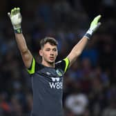BURNLEY, ENGLAND - AUGUST 11: James Trafford of Burnley gestures during the Premier League match between Burnley FC and Manchester City at Turf Moor on August 11, 2023 in Burnley, England. (Photo by Michael Regan/Getty Images)