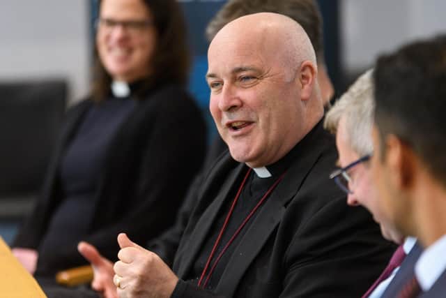 The Archbishop of York, Stephen Cottrell listens and chats with other guests at Burnley College. Photo: Kelvin Stuttard
