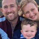Mark Harrison, who died from bowel cancer last year, with his wife Lindsey and their little boy Joshua