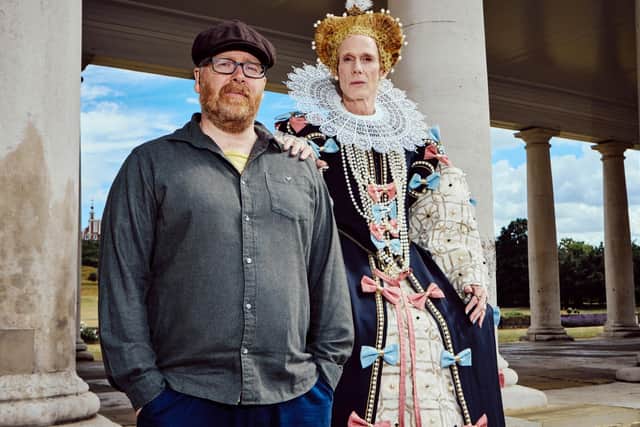 Frankie Boyle with artist Kit Green as Queen Elizabeth I outside Queen’s House, Greenwich, part of Frankie Boyle's Farewell to the Monarchy on Channel 4 this week
