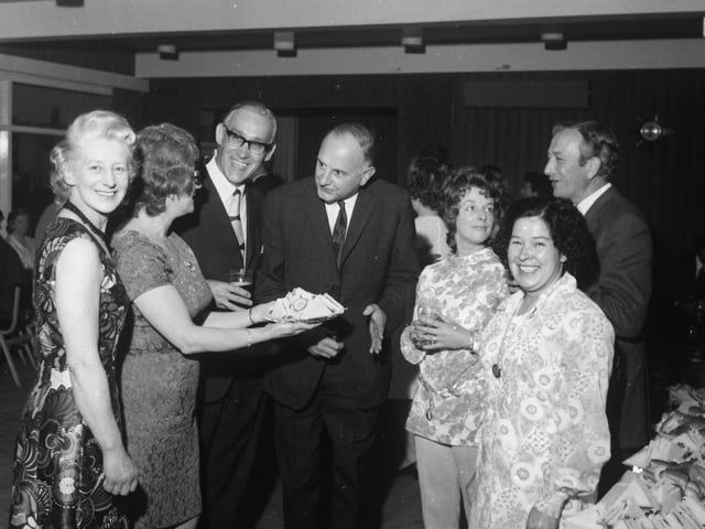 Mr N. B. Stokes, headmaster of the Grammar School talks with a group of members and their wives.
The newly-formed Association of Friends of Burnley Grammar School began its programme of social activities with a buffet dinner dance at Burnley Cricket Club, at a time when fully comprehensive education may be reconsidered and the school's future may be in doubt.