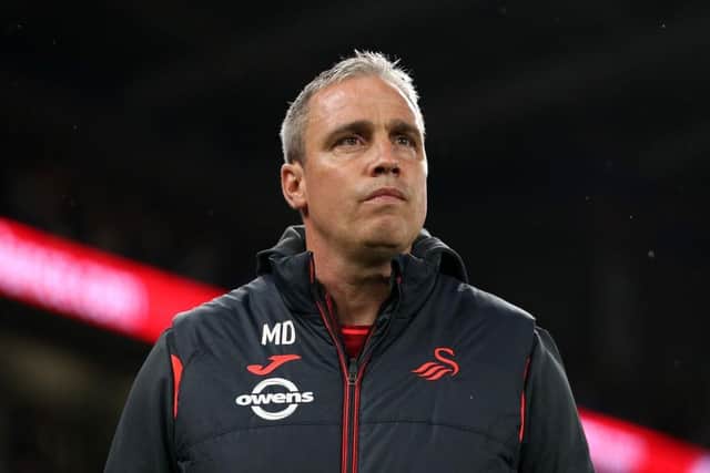 CARDIFF, WALES - SEPTEMBER 16: Michael Duff, Head Coach of Swansea City, looks on prior tothe Sky Bet Championship match between Cardiff City and Swansea City at Cardiff City Stadium on September 16, 2023 in Cardiff, Wales. (Photo by Ryan Hiscott/Getty Images)