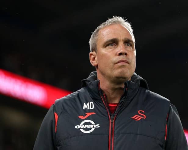 CARDIFF, WALES - SEPTEMBER 16: Michael Duff, Head Coach of Swansea City, looks on prior tothe Sky Bet Championship match between Cardiff City and Swansea City at Cardiff City Stadium on September 16, 2023 in Cardiff, Wales. (Photo by Ryan Hiscott/Getty Images)