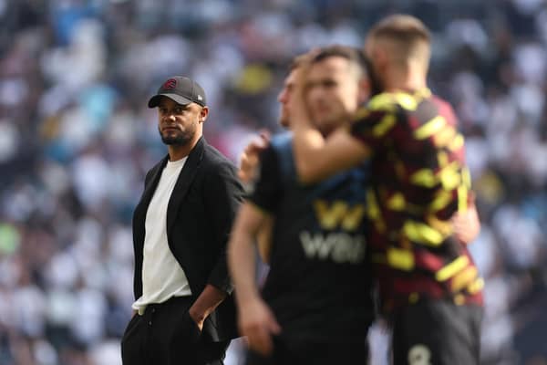 LONDON, ENGLAND - MAY 11: Vincent Kompany, Manager of Burnley, looks on after the Premier League match between Tottenham Hotspur and Burnley FC at Tottenham Hotspur Stadium on May 11, 2024 in London, England. (Photo by Julian Finney/Getty Images)