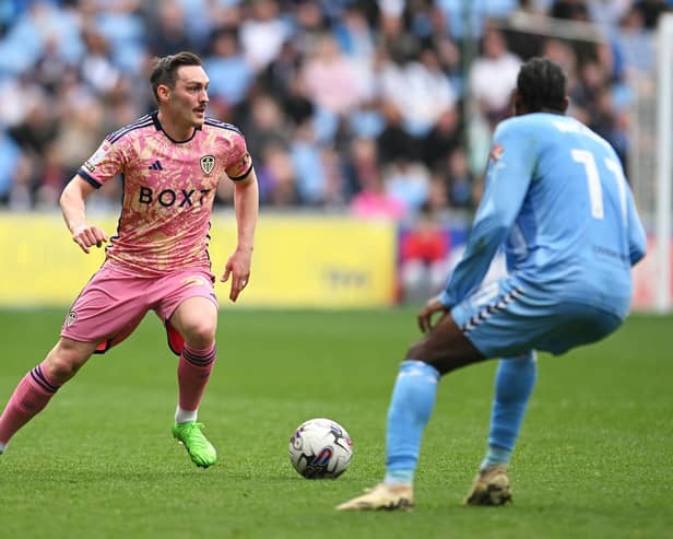 COVENTRY, ENGLAND - APRIL 06: Connor Roberts of Leeds United runs with the ball during the Sky Bet Championship match between Coventry City and Leeds United at The Coventry Building Society Arena on April 06, 2024 in Coventry, England. (Photo by Alex Burstow/Getty Images)
