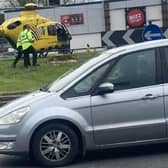 The North West Air Ambulance landed on a roundabout in Burnley town centre this afternoon in response to an incident. This photo was taken by Mick Royal