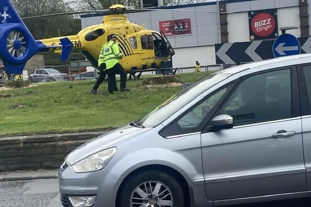 The North West Air Ambulance landed on a roundabout in Burnley town centre this afternoon in response to an incident. This photo was taken by Mick Royal
