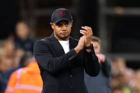 LUTON, ENGLAND - OCTOBER 03: Vincent Kompany, Manager of Burnley, gestures during the Premier League match between Luton Town and Burnley FC at Kenilworth Road on October 03, 2023 in Luton, England. (Photo by Marc Atkins/Getty Images)