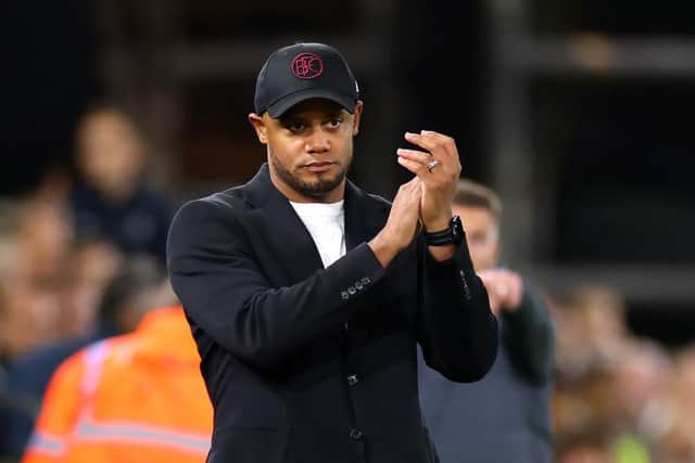 LUTON, ENGLAND - OCTOBER 03: Vincent Kompany, Manager of Burnley, gestures during the Premier League match between Luton Town and Burnley FC at Kenilworth Road on October 03, 2023 in Luton, England. (Photo by Marc Atkins/Getty Images)