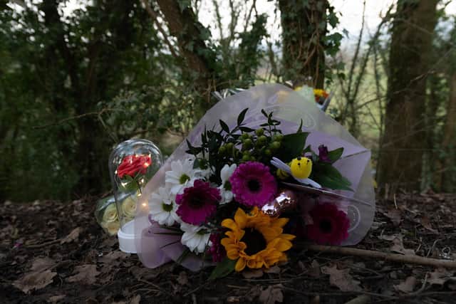 Tributes left in Brungerley Park, Clitheroe, in memory of teenager Alyssa Morris whose body was found there on Sunday
