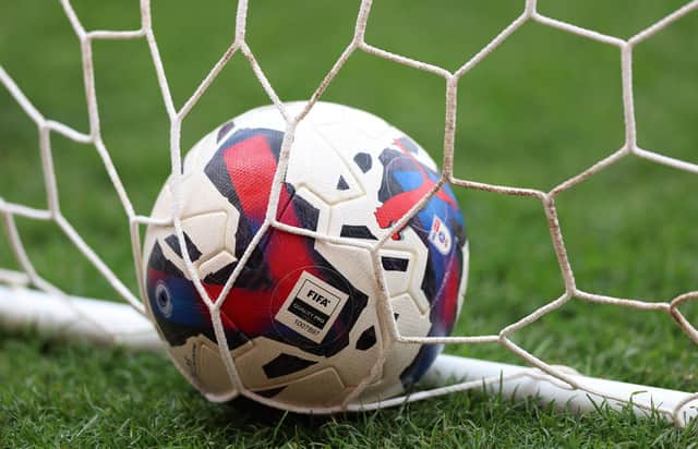 STOKE ON TRENT, ENGLAND - APRIL 29: The Sky Bet Championship match ball is seen in the goal prior to the Sky Bet Championship between Stoke City and Queens Park Rangers at Bet365 Stadium on April 29, 2023 in Stoke on Trent, England. (Photo by Nathan Stirk/Getty Images)