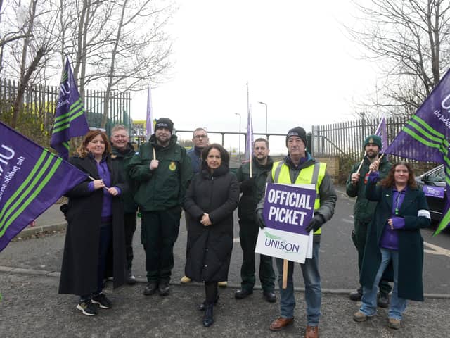 MP Julie Elliott alongside paramedics on the picket line outside Sunderland Ambulance station.