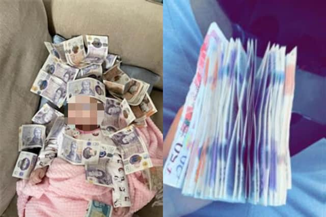 Photo of baby surrounded by cash found on one of the defendant's phones (Credit: Lancashire Police)