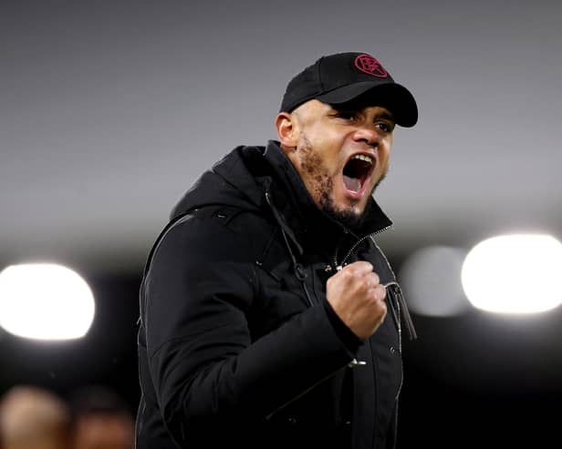 LONDON, ENGLAND - DECEMBER 23: Vincent Kompany, Manager of Burnley, celebrates victory after the Premier League match between Fulham FC and Burnley FC at Craven Cottage on December 23, 2023 in London, England. (Photo by Ryan Pierse/Getty Images)