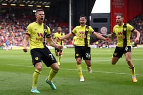 SHEFFIELD, ENGLAND - APRIL 20: Johann Gudmundsson of Burnley celebrates scoring his team's fourth goal  during the Premier League match between Sheffield United and Burnley FC at Bramall Lane on April 20, 2024 in Sheffield, England. (Photo by Stu Forster/Getty Images)