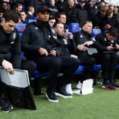 IPSWICH, ENGLAND - JANUARY 28: Mike Jackson, Assistant Manager and Vincent Kompany, Manager of Burnley, look on prior to the Emirates FA Cup Fourth Round match between Ipswich Town and Burnley at Portman Road on January 28, 2023 in Ipswich, England. (Photo by Julian Finney/Getty Images)