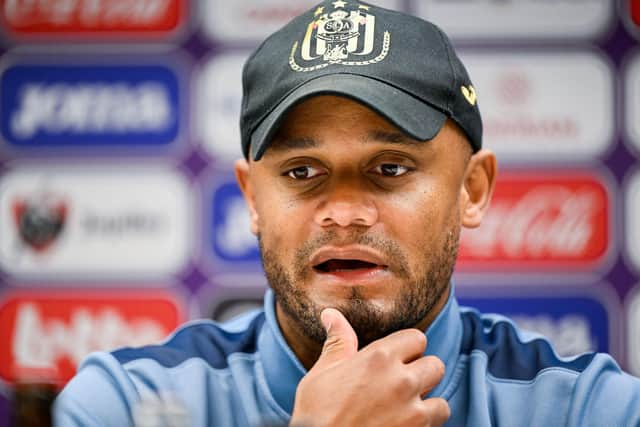 Anderlecht's head coach Vincent Kompany pictured during a press conference of Belgian soccer team RSC Anderlecht in Brussels on, Friday 06 May 2022, to discuss the next game in the Champions' play-offs, of the Jupiler Pro League. BELGA PHOTO LAURIE DIEFFEMBACQ (Photo by LAURIE DIEFFEMBACQ / BELGA MAG / Belga via AFP) (Photo by LAURIE DIEFFEMBACQ/BELGA MAG/AFP via Getty Images)