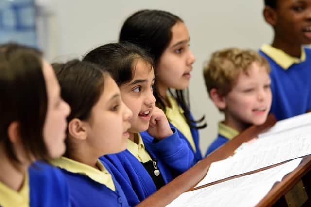Pupils from St Peter’s Church of England Primary School, Burnley singing out during the Choir Church Festival