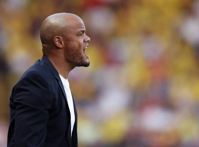 WATFORD, ENGLAND - AUGUST 12: Vincent Kompany, Manager of Burnley, reacts during the Sky Bet Championship between Watford and Burnley at Vicarage Road on August 12, 2022 in Watford, England. (Photo by Richard Heathcote/Getty Images)