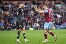 BURNLEY, ENGLAND - MARCH 16: Arijanet Muric of Burnley celebrates with Maxime Esteve of Burnley during the Premier League match between Burnley FC and Brentford FC at Turf Moor on March 16, 2024 in Burnley, England. (Photo by Matt McNulty/Getty Images)