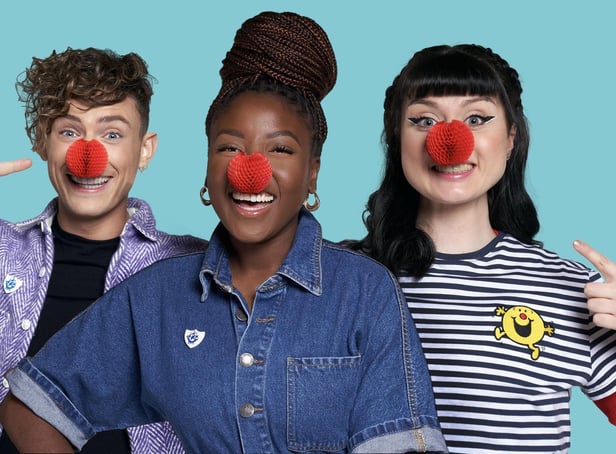 <p>Blue Peter presenters, Joel Mawhinney, Mwaka ‘Mwaksy’ Mudenda and Abby Cook from Grangemouth support Red Nose Day 2023 by wearing the new Red Nose and Mr Men merchandise. Pic: BBC</p>