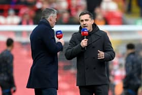 LIVERPOOL, ENGLAND - MARCH 05: Former Footballers Jamie Carragher and Gary Neville speak as they present for Sky Sports prior to the Premier League match between Liverpool FC and Manchester United at Anfield on March 05, 2023 in Liverpool, England. (Photo by Michael Regan/Getty Images)