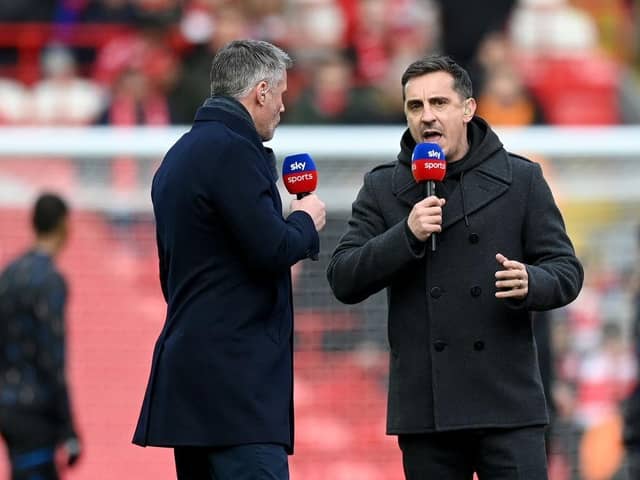 LIVERPOOL, ENGLAND - MARCH 05: Former Footballers Jamie Carragher and Gary Neville speak as they present for Sky Sports prior to the Premier League match between Liverpool FC and Manchester United at Anfield on March 05, 2023 in Liverpool, England. (Photo by Michael Regan/Getty Images)