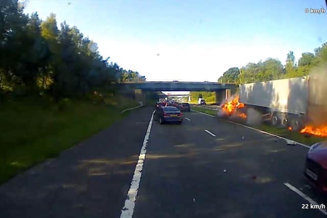 Ion Onut’s cab burst into flames and careered 100 metres along the A1(M) at Bowburn in County Durham (Credit: Durham Police)