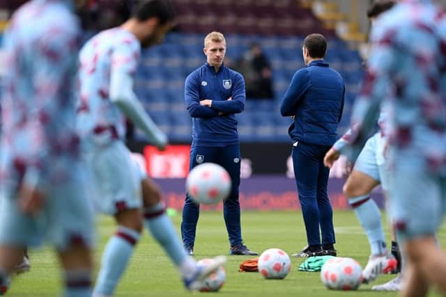 BURNLEY, ENGLAND - APRIL 24: Ben Mee of Burnley looks on prior to the Premier League match between Burnley and Wolverhampton Wanderers at Turf Moor on April 24, 2022 in Burnley, England. (Photo by Stu Forster/Getty Images)