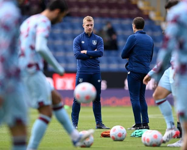 BURNLEY, ENGLAND - APRIL 24: Ben Mee of Burnley looks on prior to the Premier League match between Burnley and Wolverhampton Wanderers at Turf Moor on April 24, 2022 in Burnley, England. (Photo by Stu Forster/Getty Images)