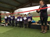The ribbon cutting ceremony for the re opening of the outdoor classroom at Thorneyholme RC Prinary School in Dunsop Bridge