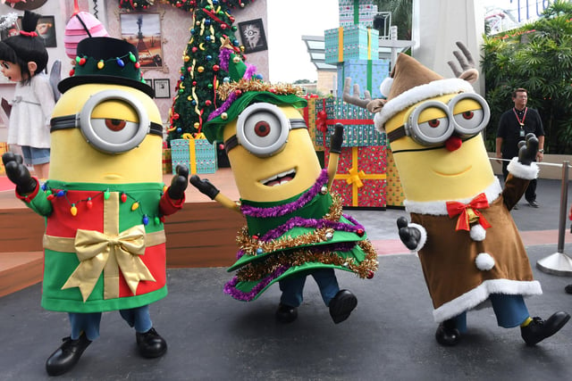Cartoon film characters from the Minions perform during the launch of Universal Christmas at Universal Studios Singapore in Resorts World Sentosa in Singapore on November 28, 2019. (Photo by ROSLAN RAHMAN/AFP via Getty Images)