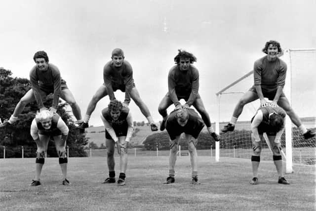 Burnley FC players Paul Fletcher, Mick Docherty, Eric Probert and Dave Thomas (top left to right) and Peter Mellor, Martin Dobson, Jim Thomson and an un-named player (bottom left to right) in training on July