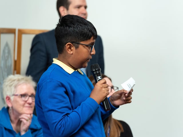 A pupil from St Peter's CE Primary School asks a question. Photo: Kelvin Lister-Stuttard