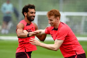 UNSPECIFIED, AUSTRIA - JULY 26: (THE SUN OUT, THE SUN ON SUNDAY OUT) Mohamed Salah and Sepp van den Berg of Liverpool during the Liverpool pre-season training camp on July 26, 2022 in UNSPECIFIED, Austria. (Photo by Andrew Powell/Liverpool FC via Getty Images)