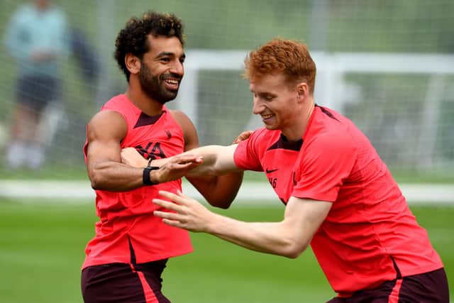 UNSPECIFIED, AUSTRIA - JULY 26: (THE SUN OUT, THE SUN ON SUNDAY OUT) Mohamed Salah and Sepp van den Berg of Liverpool during the Liverpool pre-season training camp on July 26, 2022 in UNSPECIFIED, Austria. (Photo by Andrew Powell/Liverpool FC via Getty Images)