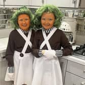 Maisie and Mollie as Oompa Loompas from Charlie and the Chocolate Factory.