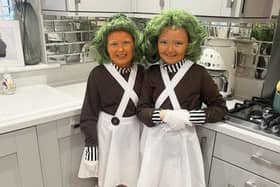Maisie and Mollie as Oompa Loompas from Charlie and the Chocolate Factory.