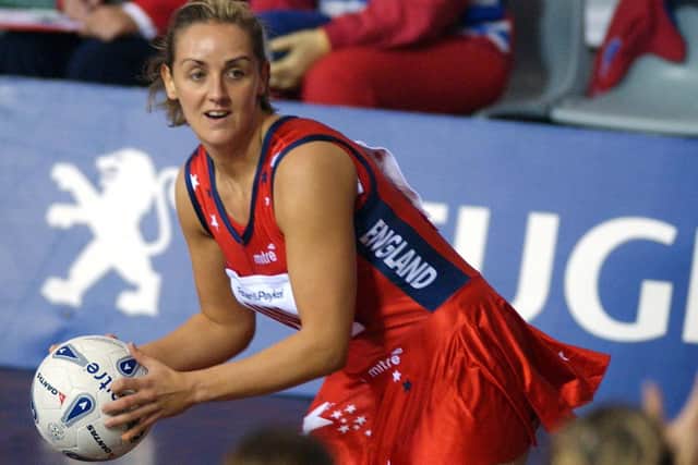 AUCKLAND, NEW ZEALAND - JUNE 13:  England's Tracey Neville in action during the third and final netball test between New Zealand and England won 4841 by NZ at the North Shore Events Centre in Auckland, Friday.  (Photo by Phil Walter/Getty Images)