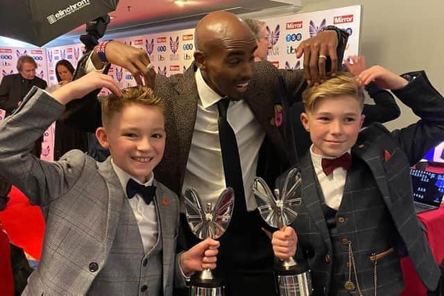 Hughie (left) and Freddie with Olympian Mo Farah at the Pride of Britain Awards