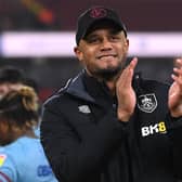 MIDDLESBROUGH, ENGLAND - APRIL 07: Burnley Manager Vincent Kompany celebrates after Burnley had sealed promotion back to the Premier League after the Sky Bet Championship between Middlesbrough and Burnley at Riverside Stadium on April 07, 2023 in Middlesbrough, England. (Photo by Stu Forster/Getty Images)