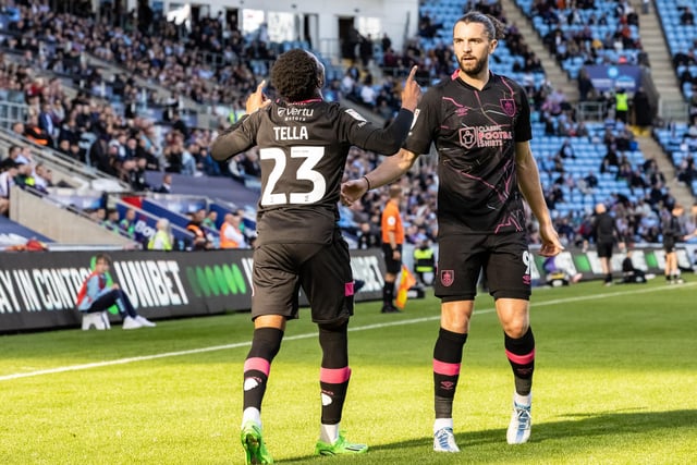 Burnley's Nathan Tella (left) celebrates with his team mate Jay Rodriguez after scoring his side’s first goal

The EFL Sky Bet Championship  - Coventry City v Burnley- Saturday 8th October 2022 - Coventry Building Society Arena - Coventry