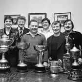 Tom Sturdy senior (left) Ray Weaver, Tom Sturdy junior, and captain Frank Rigby. Darts captain Hartley Blakey is accompanied by Ernie Whittaker, Geoff Knowles, and Eric Plane at Keighley Green Social Club in 1980
