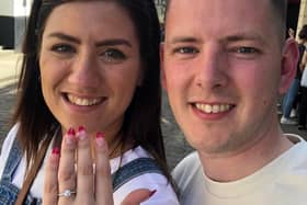 Jamie McGowan with his fiancee Bailey Webster after he staged a romantic proposal in the observatory tower at Lincoln Castle