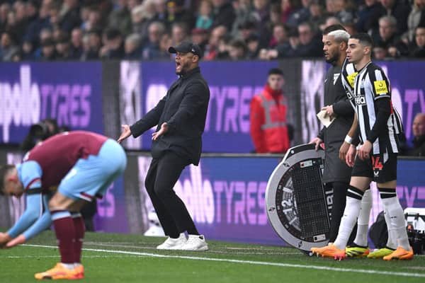 BURNLEY, ENGLAND - MAY 04: Vincent Kompany, manager of Burnley reacts on the touchline during the Premier League match between Burnley FC and Newcastle United at Turf Moor on May 04, 2024 in Burnley, England. (Photo by Stu Forster/Getty Images)