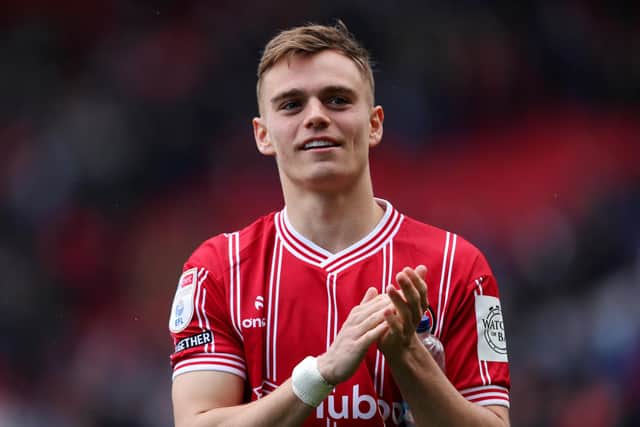 BRISTOL, ENGLAND - MARCH 29: Scott Twine of Bristol City applauds the fans after the team's victory in the Sky Bet Championship match between Bristol City and Leicester City at Ashton Gate on March 29, 2024 in Bristol, England. (Photo by Ryan Hiscott/Getty Images)