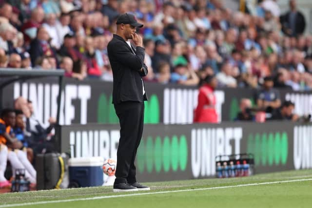 BURNLEY, ENGLAND - OCTOBER 07: Vincent Kompany, Manager of Burnley, looks on during the Premier League match between Burnley FC and Chelsea FC at Turf Moor on October 07, 2023 in Burnley, England. (Photo by George Wood/Getty Images)