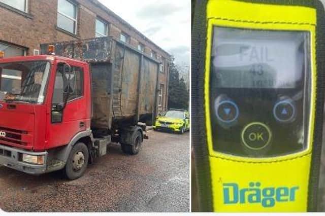 The driver of this skip wagon was stopped in Percy Street, Preston.
The driver smelt strongly of alcohol and failed a roadside breath test with a reading of 43ug(limit 35).
The driver was arrested and later charged.