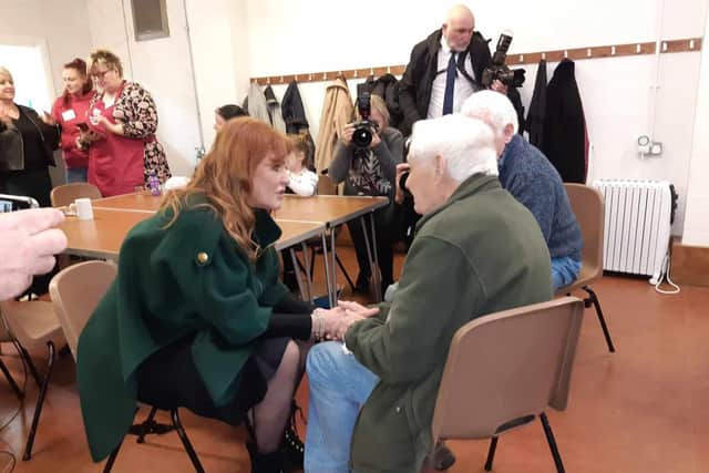 The Duchess of York chats with Colin Schofield (90) at St Matthew's Church lunch club in Burnley during her visit today